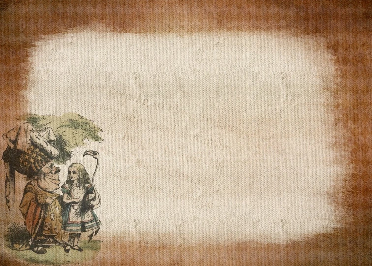 a couple of people standing next to each other, a picture, inspired by Sir John Tenniel, tumblr, conceptual art, textured parchment background, header text”, alice in the wonderland, light brown background