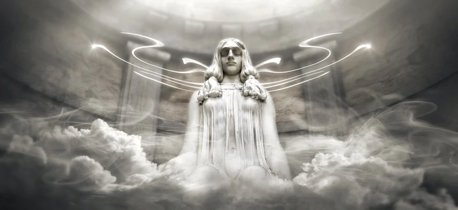 a black and white photo of a woman in a white dress, an ambient occlusion render, inspired by Jean Delville, power metal album cover, inside her temple, covered in clouds, cyberpunk jesus christ