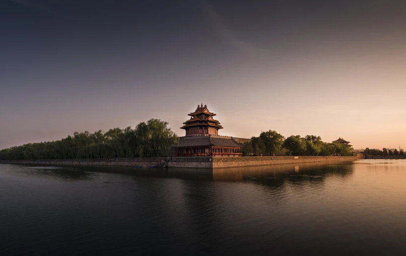 a building sitting on top of a lake next to a forest, a detailed matte painting, by Victor Wang, shutterstock, golden hour in beijing, in forbidden city, watch tower, stock photo