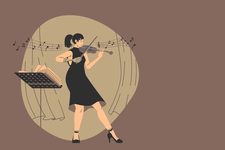 a woman in a black dress playing a violin, an illustration of, live concert, retro style, wikihow illustration, dancing in the background