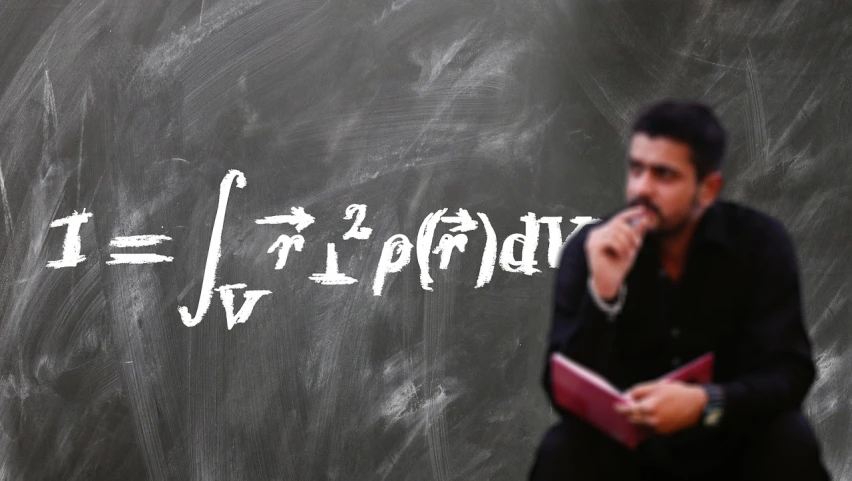 a man standing in front of a blackboard with a formula written on it, a picture, by Giorgio Cavallon, pixabay, photograph credit: ap, spherical, banner, 658923803
