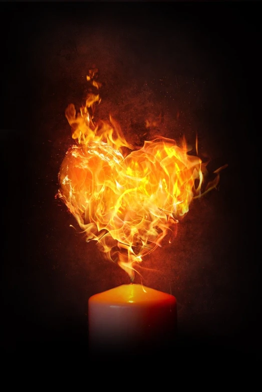 a burning candle in the shape of a heart, romanticism, fire and explosion, stylized photo, true realistic image, advertising photo