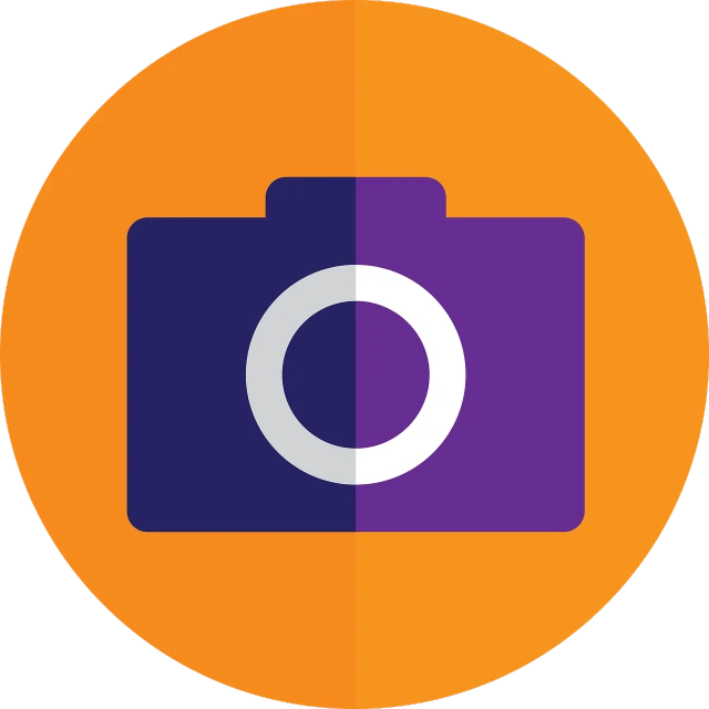 a purple and orange camera in a circle, a picture, by John Button, icon pack, medium portrait, low camera, profile pic