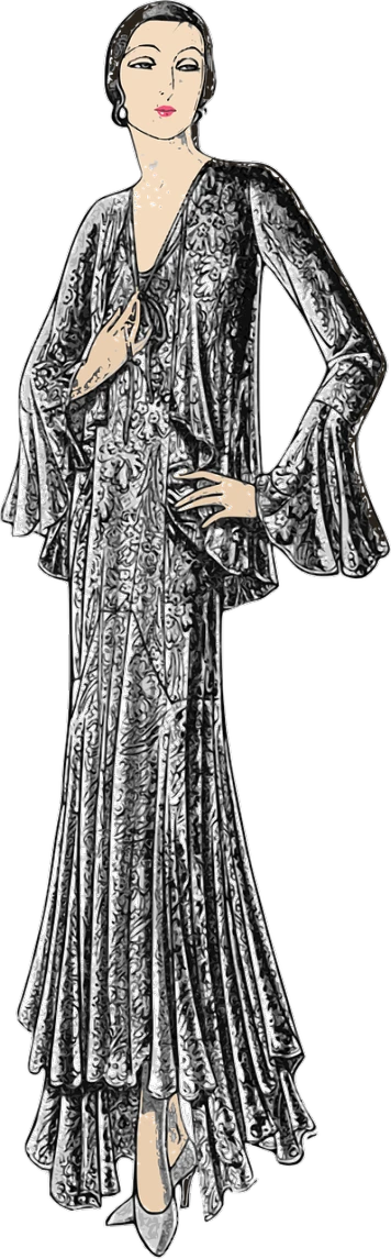 a black and white drawing of a woman in a dress, a digital rendering, inspired by Harry Clarke, pixabay, art nouveau, in a silver silk robe, digitally colored, harry volk clip art style, princess leia