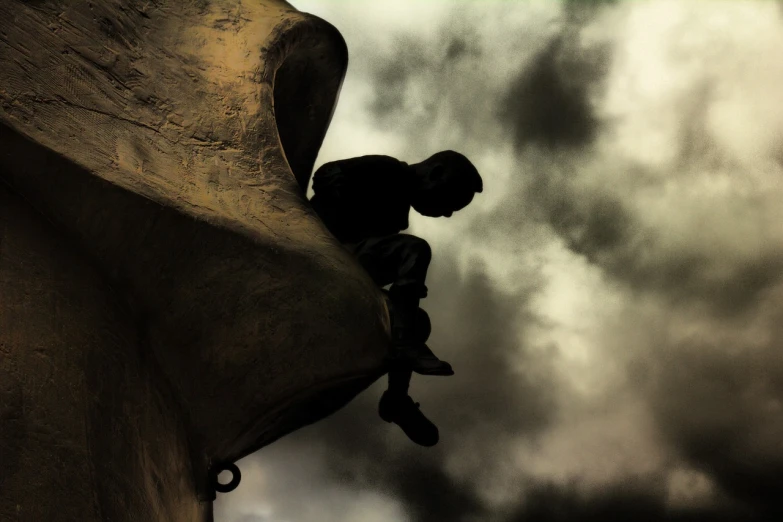 a man riding a skateboard up the side of a ramp, a statue, by Joze Ciuha, surrealism, brutal shapes stormy sky, grasp of darkness!!!, rock climber, antoni gaudi