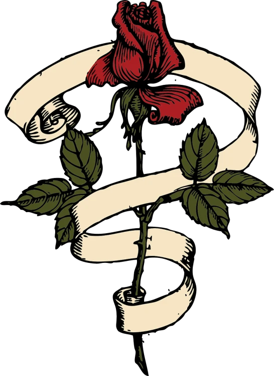 a rose with a ribbon around it on a black background, inspired by Józef Szermentowski, art nouveau, old scroll, herb, blood letter, banner