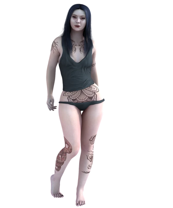 a woman with a tattoo on her body, a 3D render, inspired by Anne Stokes, zbrush central contest winner, fullbody photo, full body photo, lowres, yandere intricate