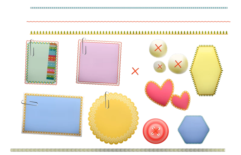 a bunch of items sitting on top of a table, digital art, computer art, stitches, decorative border, black backround. inkscape, cute photo