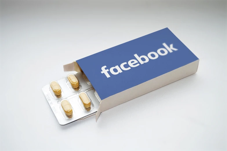 a box of pills with the facebook logo on it, shutterstock, neoplasticism, ultra realistic ”, takeyuki kanda, !!beautiful!!, official photos