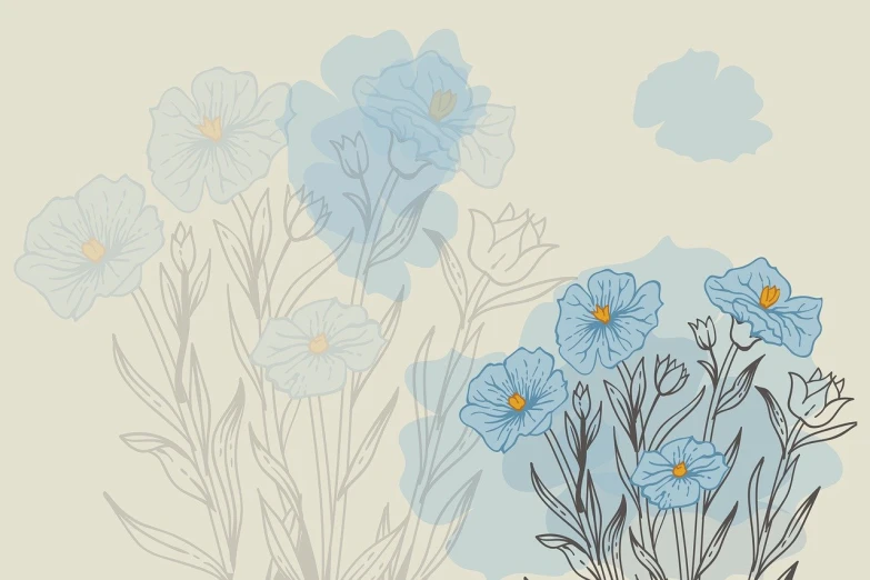 a bunch of blue flowers sitting on top of a table, vector art, behance contest winner, romanticism, faded background, vector line art, card back template, on a pale background