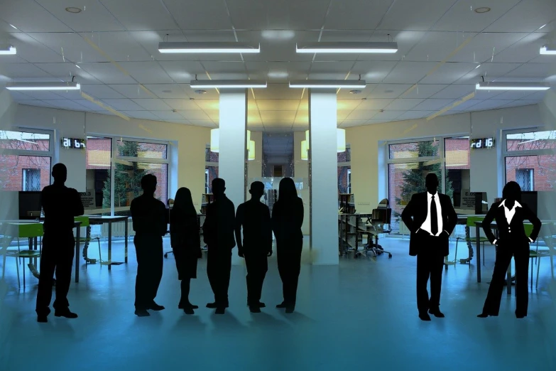 a group of people standing in a room, a digital rendering, flickr, empty office, stylized silhouette, lab in the background, guard