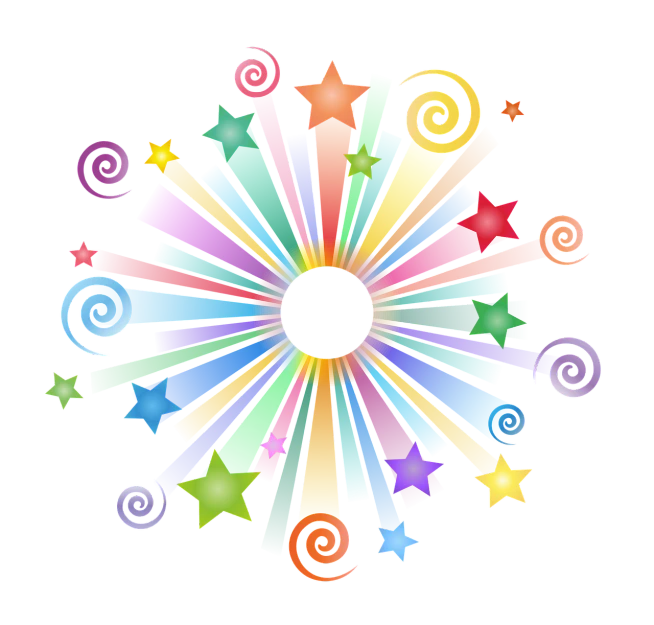 a circle of colorful stars and swirls on a black background, vector art, inspired by Yaacov Agam, pixabay contest winner, computer art, rainbow coloured rockets, blaster fire bright as neon, rosette, colorful! character design