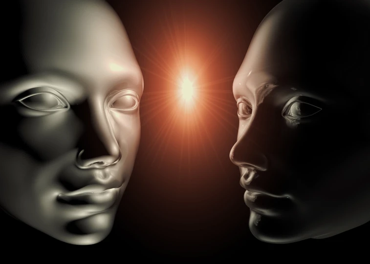 two mannequin heads facing each other in front of a bright light, by Julian Allen, digital art, portrait of metallic face, wisdom, on a mannequin. high resolution, part robot and part black human