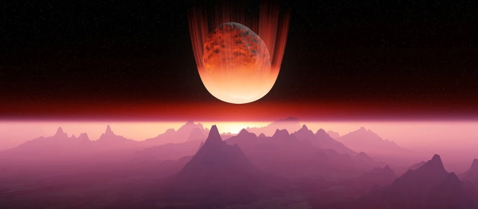 a view of a planet in the distance with mountains in the foreground, a digital rendering, space art, red skies, big pink sphere high in the sky, bottom angle, pranckevicius