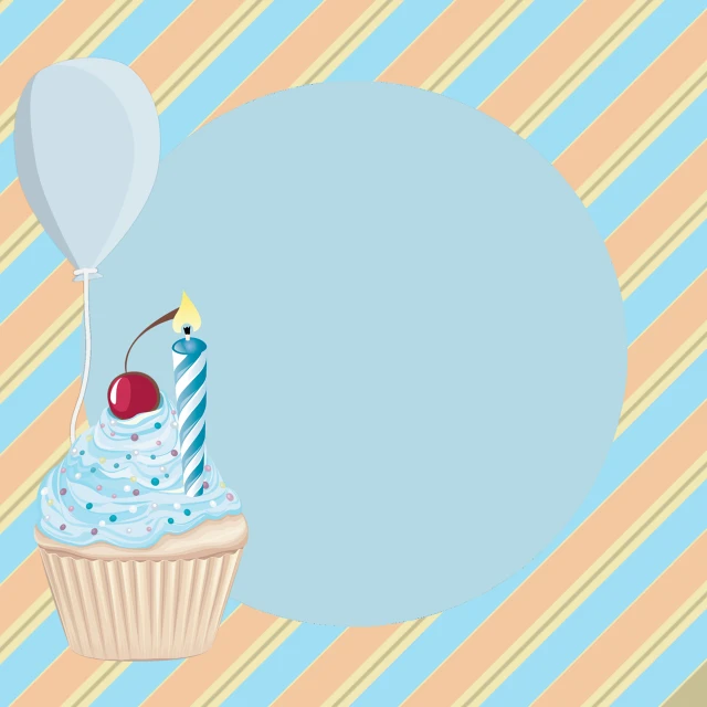 a cupcake with a candle and a cherry on top, a pastel, art deco, invitation card, striped, boys, balloon