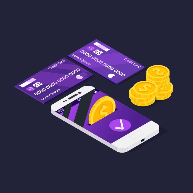 a mobile phone sitting on top of a pile of coins, concept art, dark purple color scheme, ui card, isometric aerial view, pair of keycards on table