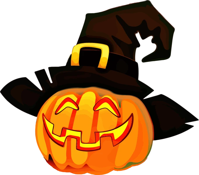 a pumpkin with a witch hat on it, digital art, dark. no text, smiling mask, black light, full color illustration