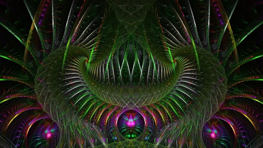 a computer generated image of the inside of a building, digital art, inspired by Amanda Sage, psychedelic art, ornate spikes, green and pink, portrait of a sacred serpent, giger style
