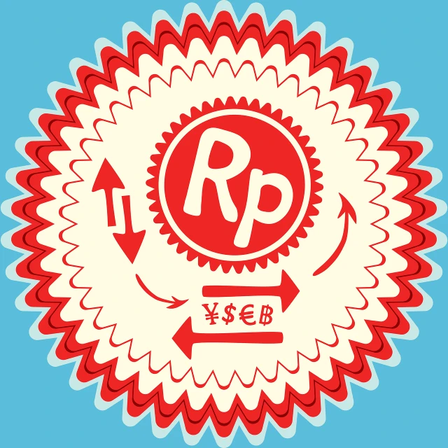 a red and white logo on a blue background, by György Rózsahegyi, remodernism, money sign pupils, rosette, rpg item, rapidograph