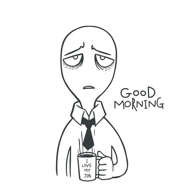 a drawing of a man holding a cup of coffee, a cartoon, inspired by Harvey Kurtzman, happening, sad kawaii face, good morning, vector, slender man