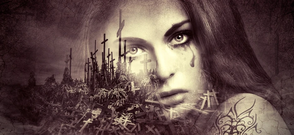 a close up of a woman's face with a city in the background, an album cover, by Mirko Rački, trending on pixabay, gothic art, crosses, with tears, andrey gordeev, graveyard