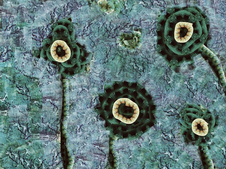 a painting of a bunch of flowers on a wall, a microscopic photo, inspired by Anna Füssli, hurufiyya, fairy circles, paper texture. 1968, high - resolution scan, green