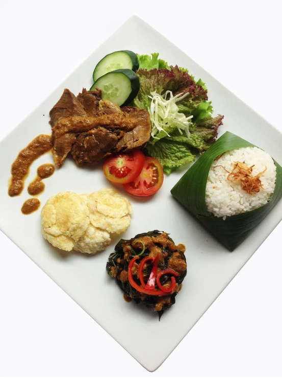 a white plate topped with different types of food, by Ella Guru, dau-al-set, jakarta, catalog photo, black, komorebi