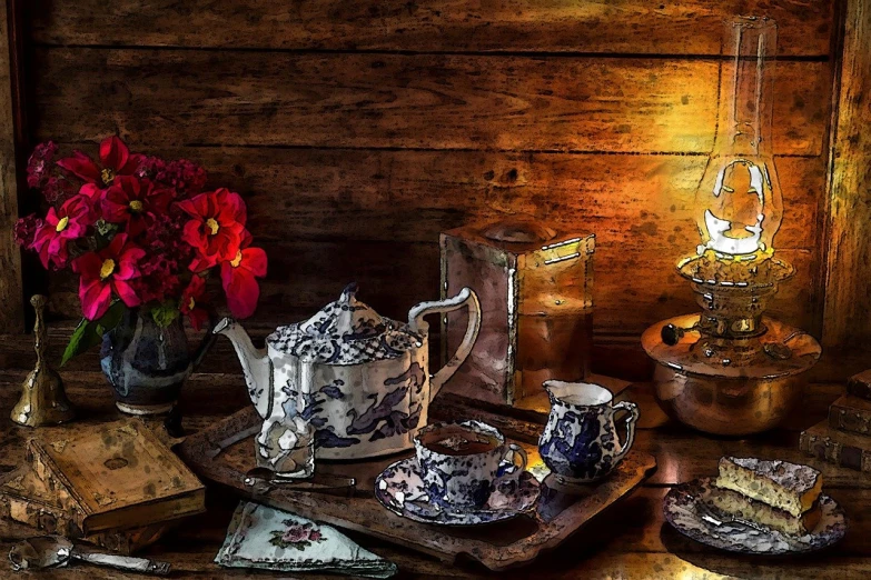 a tea pot sitting on top of a wooden table, a still life, fine art, lamps and flowers, intricate dramatic lighting, old english, full product shot