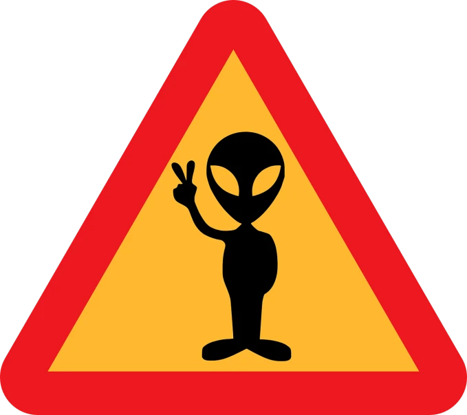 a close up of a sign with an alien on it, a cartoon, inspired by Jan de Baen, pixabay, antipodeans, an astronaut giving a peace sign, warning lights, perfect symmetrical, car