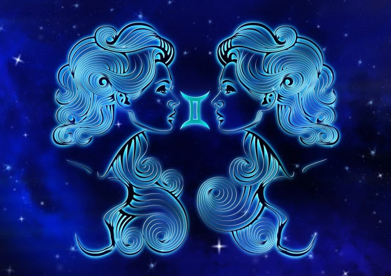 a couple of women standing next to each other, digital art, by Meredith Dillman, shutterstock, digital art, unknown zodiac sign, vibrant blue, 2 d cg, mirrored