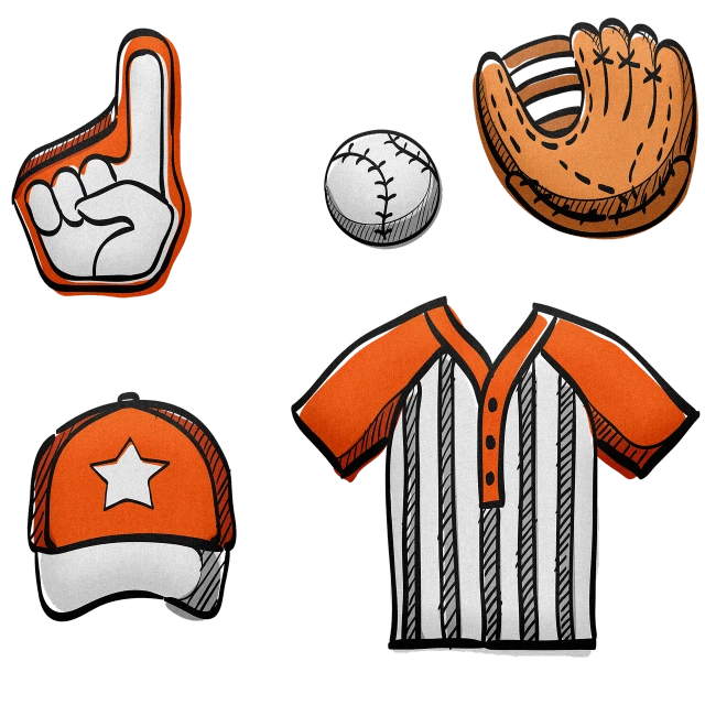 a collection of sports items on a black background, inspired by Jim Murray, shutterstock, conceptual art, hand painted cartoon art style, orange shoulder pads, heavy gesture style closeup, baseball
