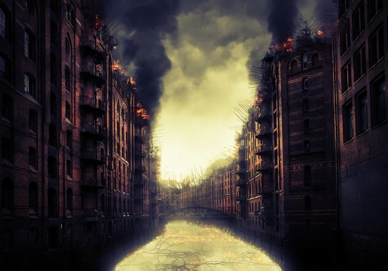 a city street filled with lots of tall buildings, a matte painting, inspired by Grzegorz Domaradzki, digital art, bloody river in hell, flooded old wooden city street, the world is on fire, worst place to live in europe