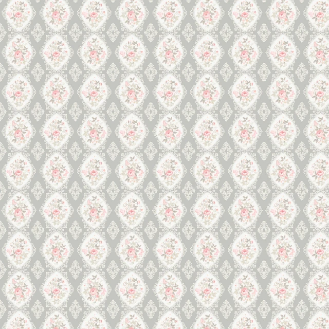 a pattern with pink flowers on a gray background, inspired by Annie Rose Laing, baroque, graphic 4 5, hi resolution, lacey, setting is bliss wallpaper