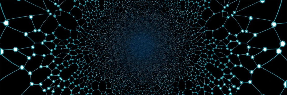 a close up of a spider web on a black background, inspired by Benoit B. Mandelbrot, generative art, blue circular hologram, tileable, symmetry illustration, datamoshed
