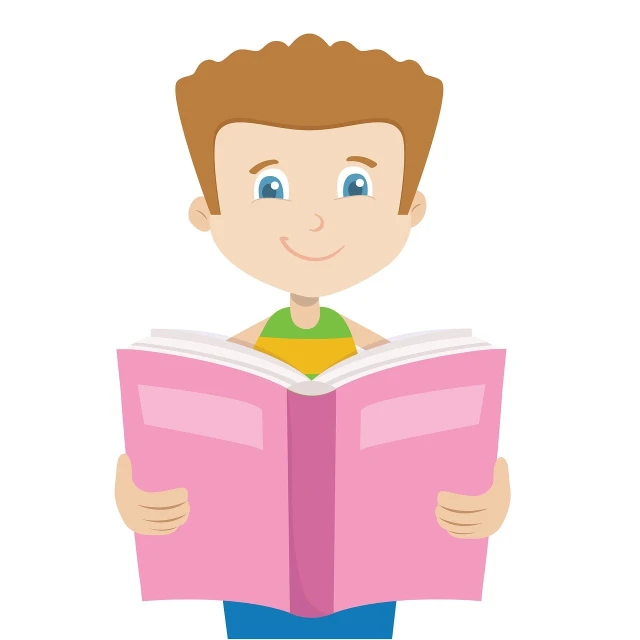 a boy reading a book with a smile on his face, a storybook illustration, pink iconic character, center focused, simple cartoon, looking straight to camera