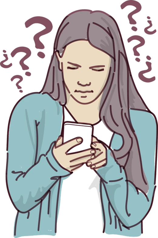 a woman holding a cell phone with question marks on it, an illustration of, tumblr, the girl is scared, teenage girl, low key, extremely uncomfortable