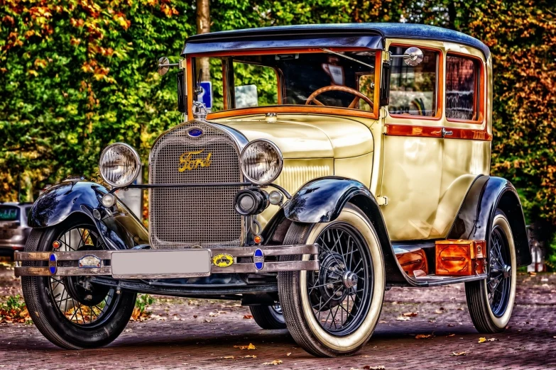 a vintage car parked on the side of the road, inspired by Ford Madox Brown, trending on pixabay, photorealism, golden glistening, 1920s picture, full of colors and rich detail, perfectly shaded