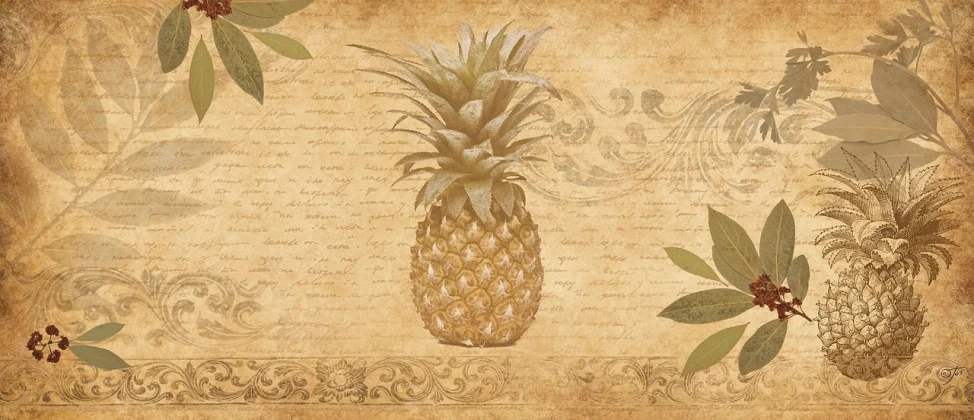 a pineapple sitting on top of a piece of paper, by Kathleen Allen, baroque, botanical background, very fine detail and texture, scrolls, vanilla
