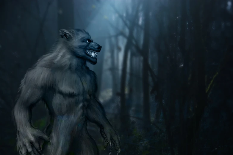 an image of a werewolf in the woods, digital art, hdr digital painting, high quality fantasy stock photo, wip, blue wolf