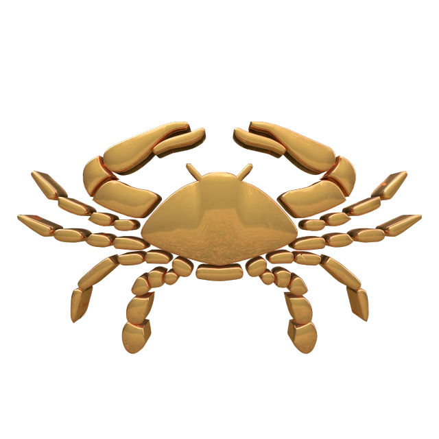 a close up of a crab on a black background, a digital rendering, art deco, gold metal, untextured, jewelry design, 3 d icon for mobile game