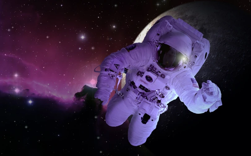 an astronaut floating in space with a planet in the background, a picture, space art, purplish space in background, leaked from nasa, space walk scene, astronaut helmets