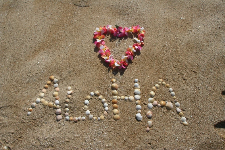 i love you written in the sand on the beach, by Susan Heidi, land art, polynesian style, lolita, flowers, yummy