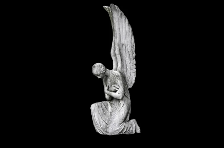 a black and white photo of a statue of an angel, a statue, by Paul Davis, featured on zbrush central, art deco, on black background, comforting and familiar, high detail product photo, praying posture