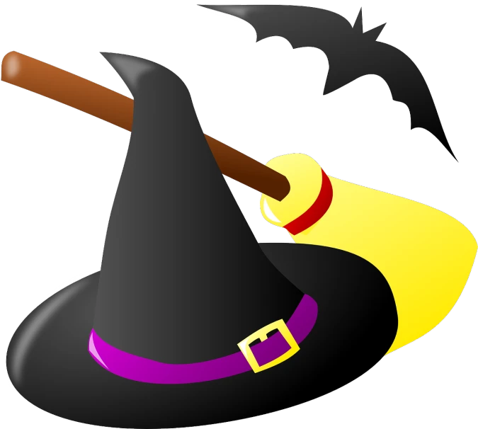 a witch hat with a bat on top of it, an illustration of, by Kōno Michisei, pixabay, sickle, two, isolated on white background, a colorful