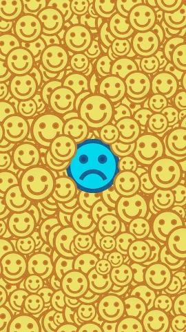 a blue smiley face in a group of yellow smiley faces, vector art, incoherents, disappointed, iphone background, hiding, on yellow paper
