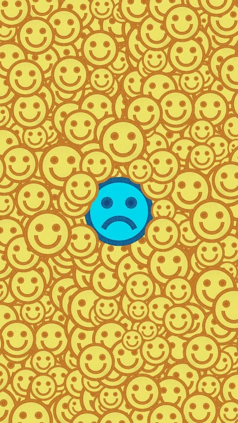 a blue smiley face in a group of yellow smiley faces, vector art, incoherents, disappointed, iphone background, hiding, on yellow paper