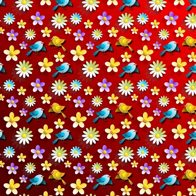 a bunch of paper flowers and birds on a red background, vector art, by Ella Guru, naive art, anime screenshot pattern, !!! very coherent!!! vector art, carpet, full of colour 8-w 1024