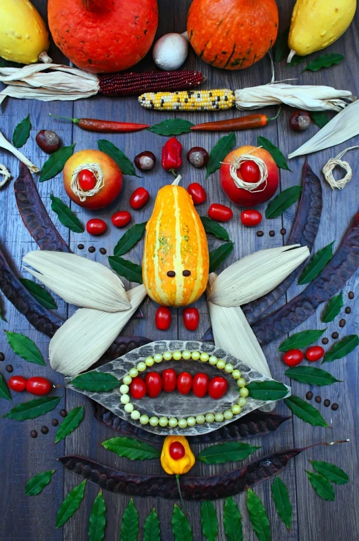 a wooden table topped with assorted fruits and vegetables, a mosaic, inspired by Arcimboldo, pixabay contest winner, ecological art, face like grasshopper, portrait n - 9, ukrainian, corn