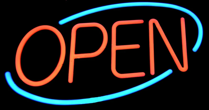 a neon sign that says open on a black background, a stock photo, by Matt Cavotta, happening, 2007 blog, closeup photo, super wide shot, neon blue