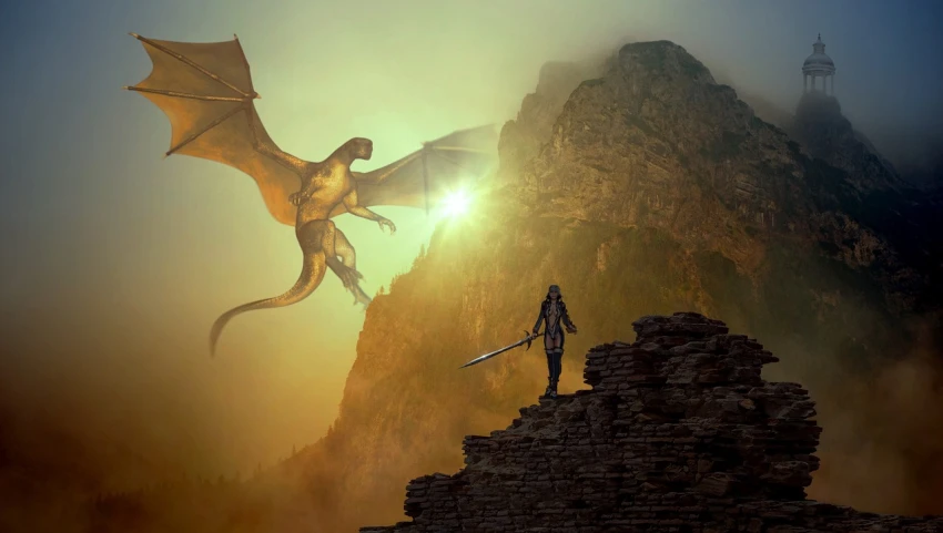 a man standing on top of a cliff next to a dragon, pexels contest winner, fantasy art, she is approaching heaven, reptilian warrior, high quality fantasy stock photo, very accurate photo